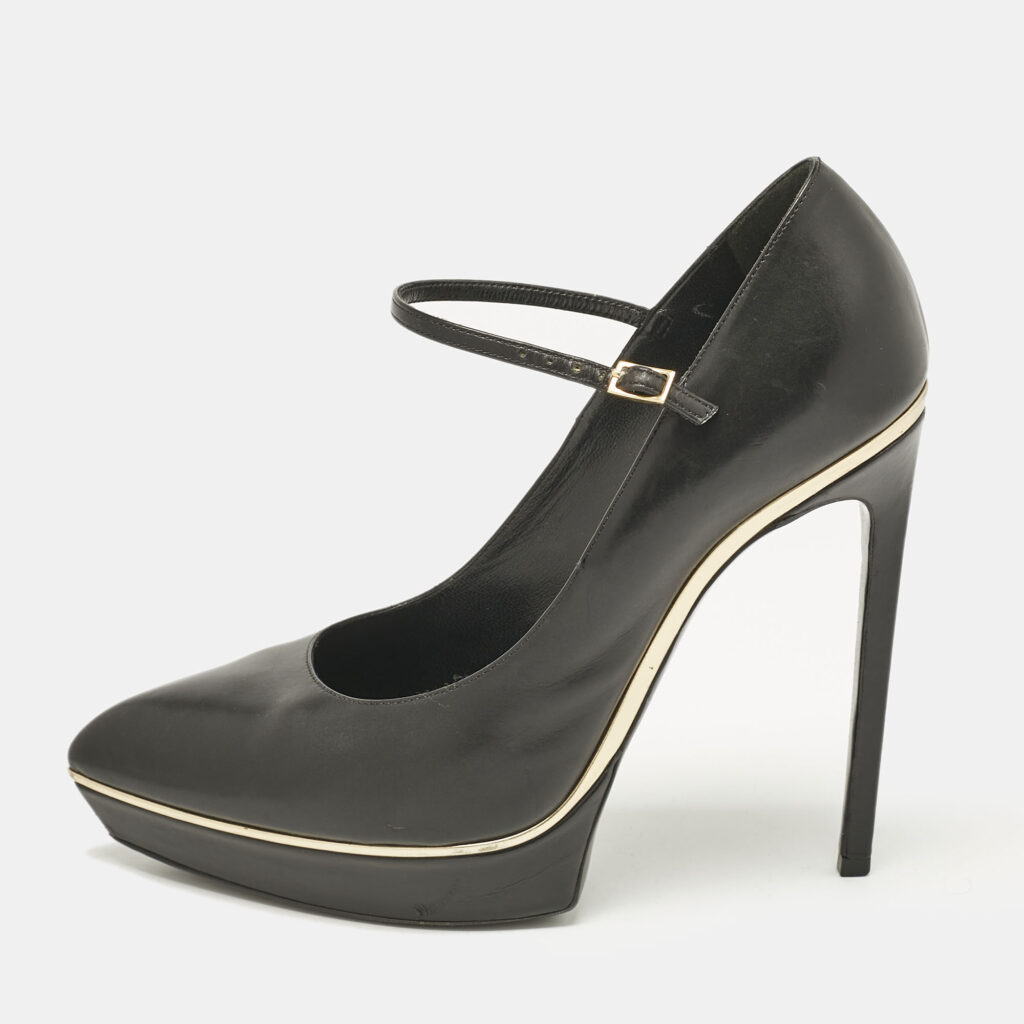 luxury-women-saint-laurent-paris-used-shoes-p1113688-001 Saint Laurent Black Patent Leather Pointed Toe Ankle Strap Platform Pumps Size 40.5