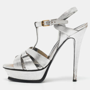 Saint Laurent Silver Leather Tribute Platform Sandals Size 40