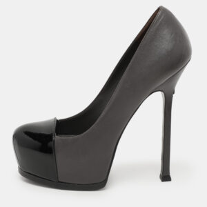 Saint Laurent Paris Grey/Black Leather Tribtoo Platform Pumps Size 38