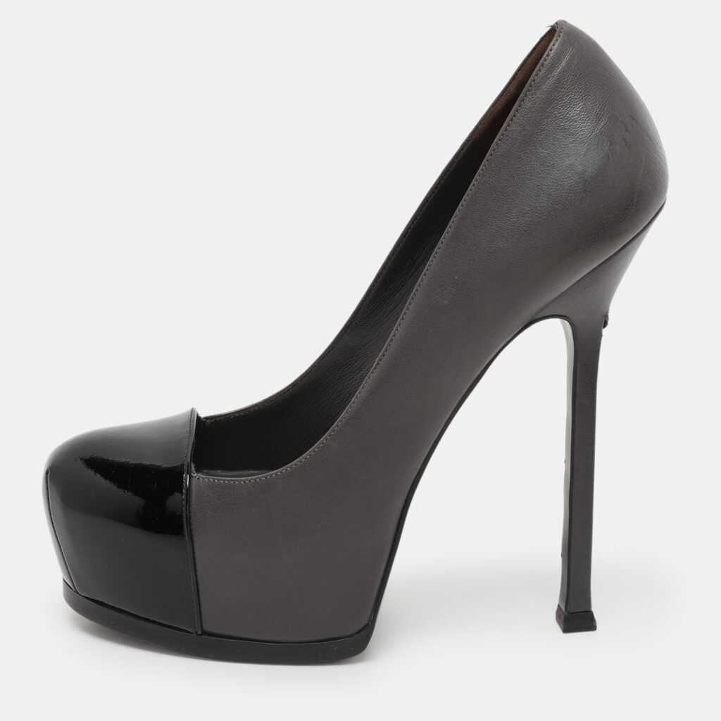Saint Laurent Paris Grey/Black Leather Tribtoo Platform Pumps Size 38