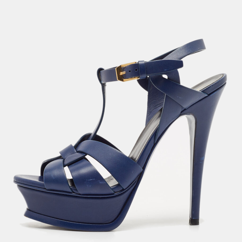 luxury-women-saint-laurent-paris-used-shoes-p1121395-005 Saint Laurent Blue Leather Tribute Platform Ankle Strap Sandals Size 35.5