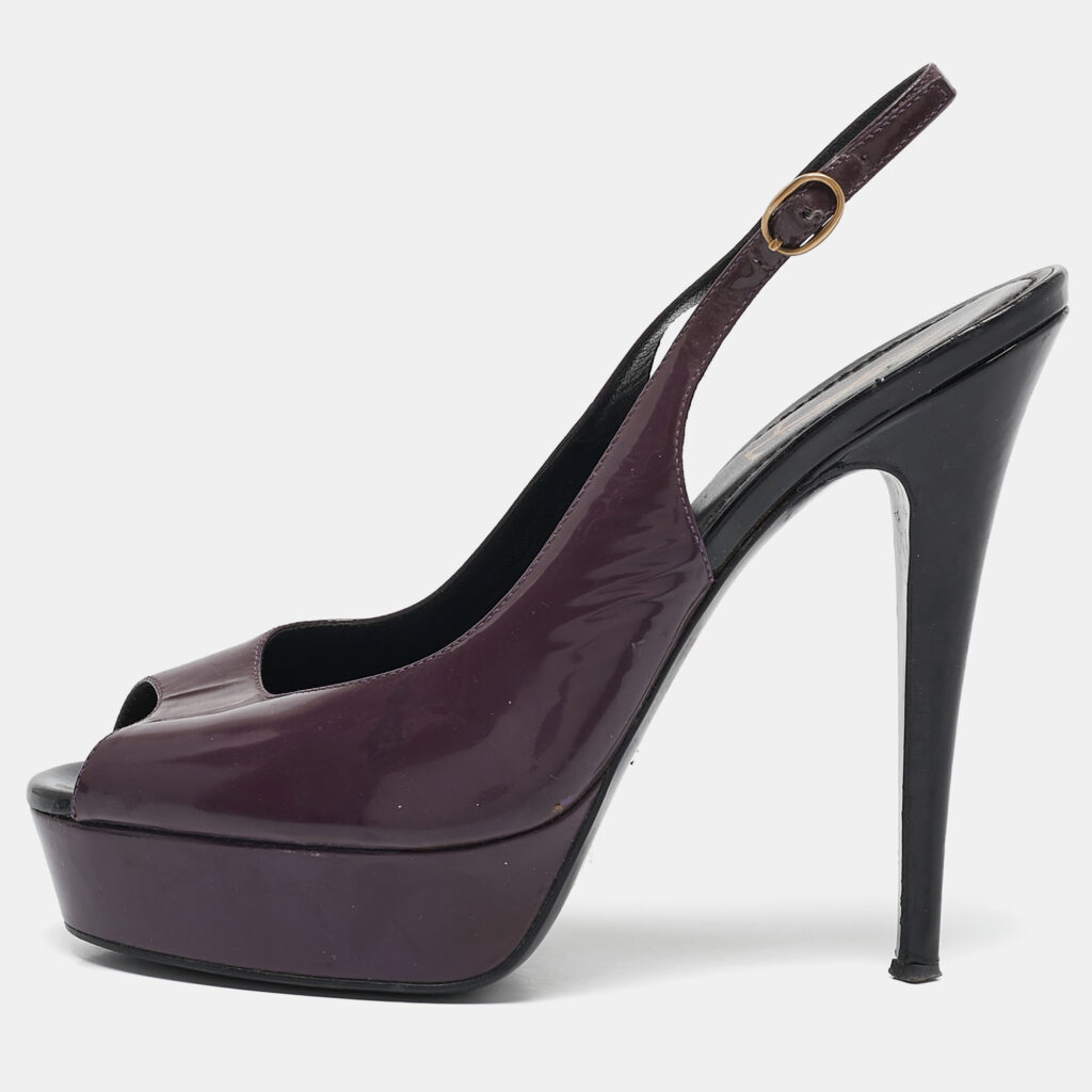 Saint Laurent Purple Patent Leather Peep Toe Platform Slingback Pumps Size 39