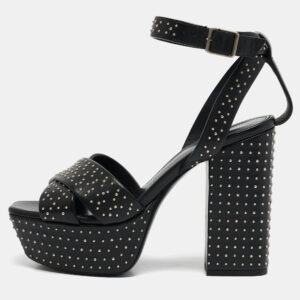 Saint Laurent Black Leather Studded Farrah Criss Cross Platform Sandals Size 36