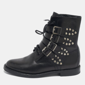 Saint Laurent Black Leather Studded Rangers Ankle Boots Size 40