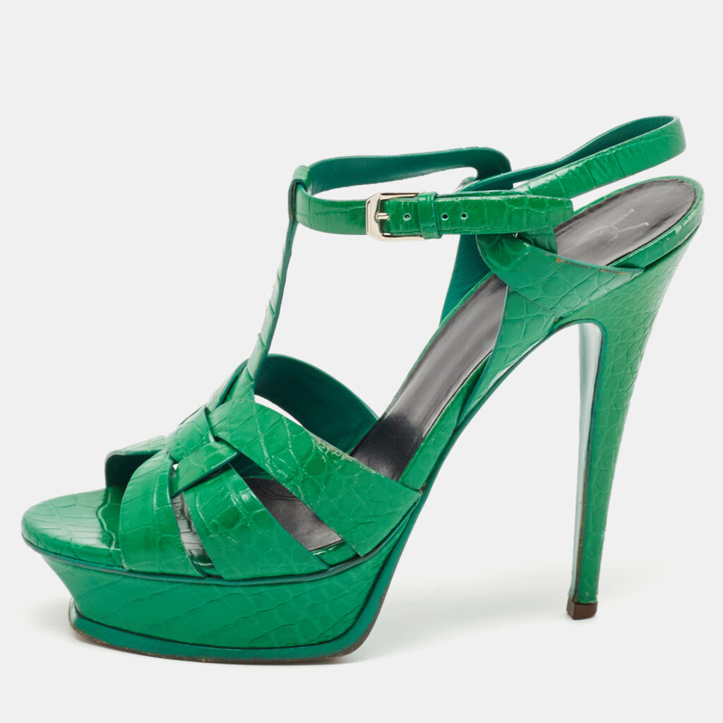 luxury-women-saint-laurent-paris-used-shoes-p1126243-001 Saint Laurent Green Croc Embossed Leather Tribute Platform Sandals Size 39.5