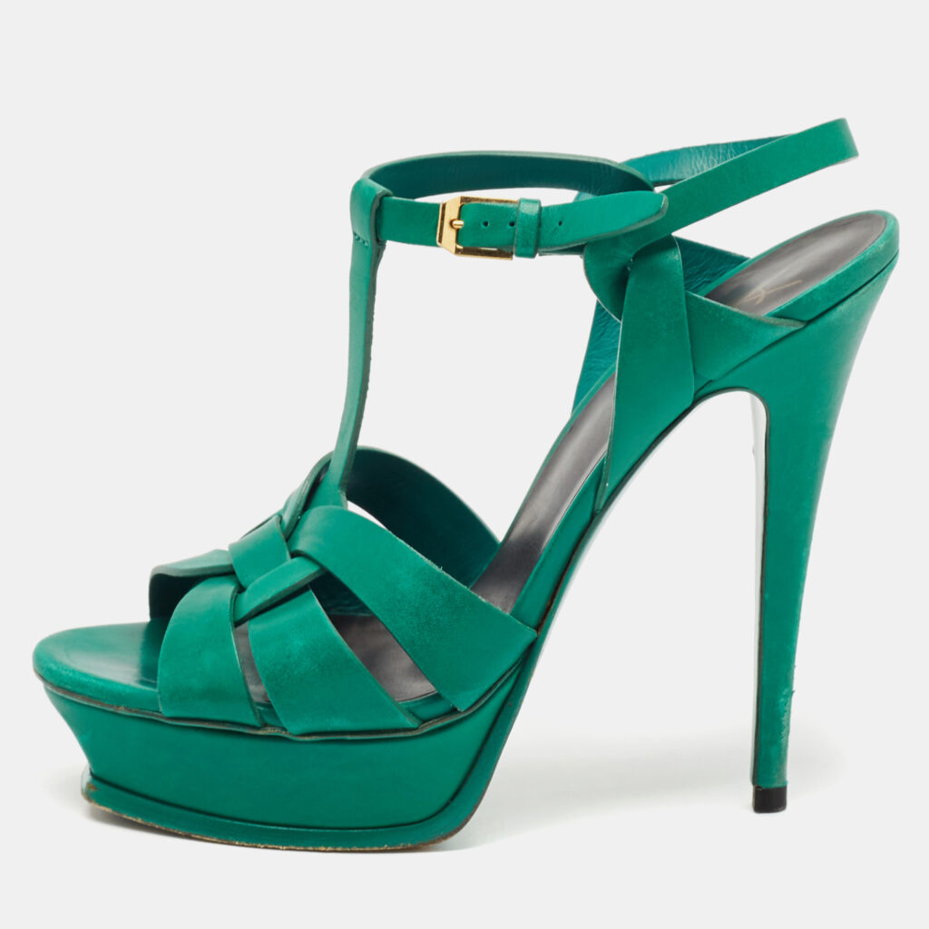 luxury-women-saint-laurent-paris-used-shoes-p1126505-001 Saint Laurent Green Leather Tribute Sandals Size 40