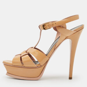 Saint Laurent Beige Patent Leather Tribute Platform Sandals Size 38