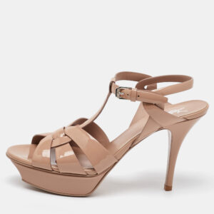 saint laurent beige patent leather tribute platform sandals size 39.5