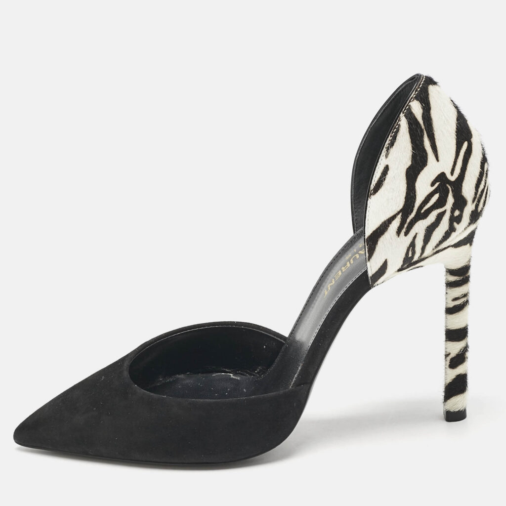 Saint Laurent Black/White Calf Hair and Suede Anja D'orsay Pumps Size 36