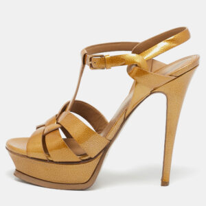 Saint Laurent Paris Gold Patent Leather Tribute Platform Sandals Size 38.5