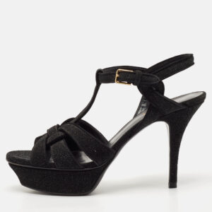 Saint Laurent Black Suede and Quartz Glitter Tribute Platform Sandals Size 37.5
