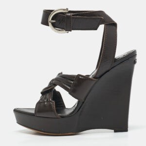 Saint Laurent Brown Leather Ankle Strap Wedge Sandals Size 35