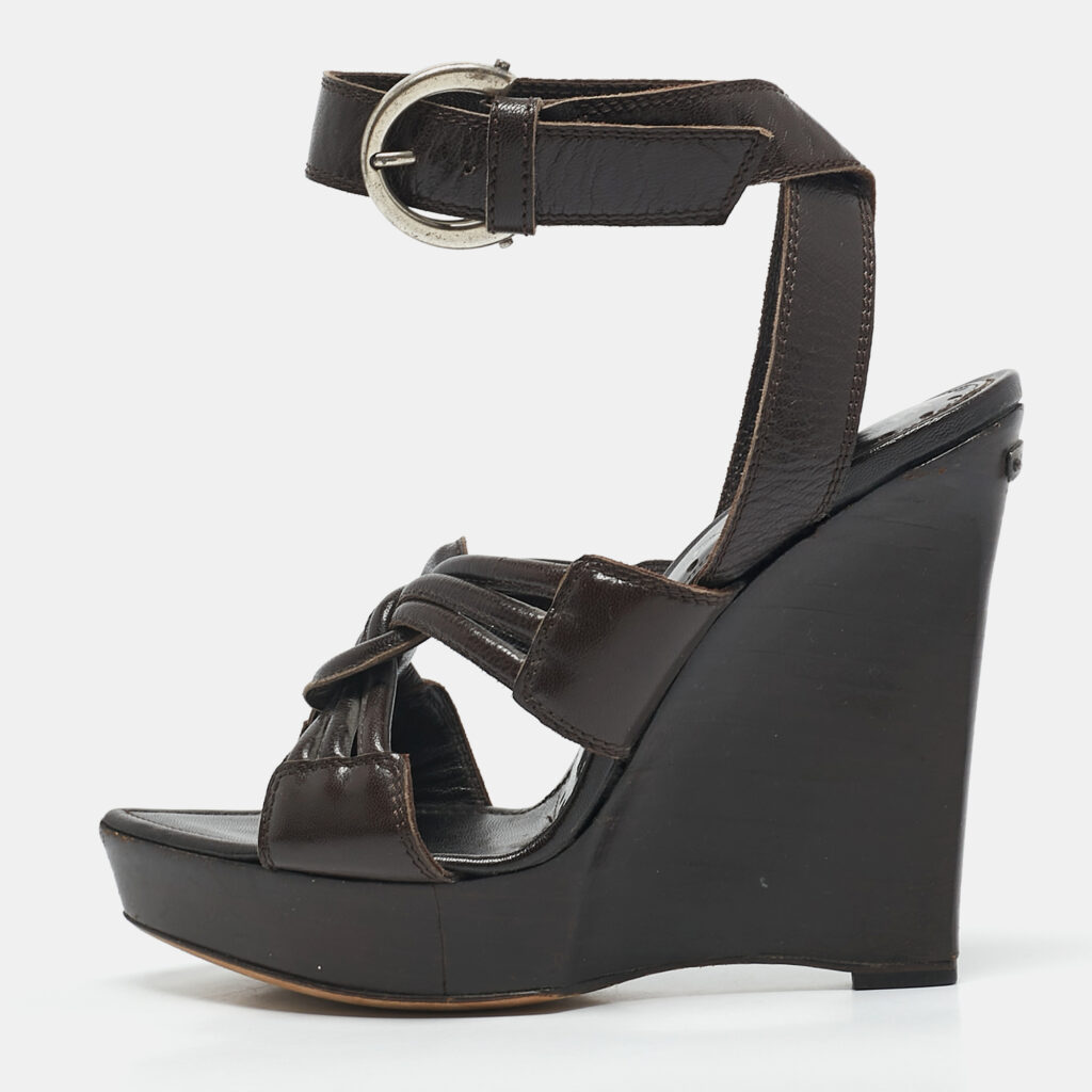 luxury-women-saint-laurent-paris-used-shoes-p1132908-010 Saint Laurent Brown Leather Ankle Strap Wedge Sandals Size 35