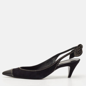 Saint Laurent Black Leather and Suede Charlotte Studded Slingback Pumps Size 39.5