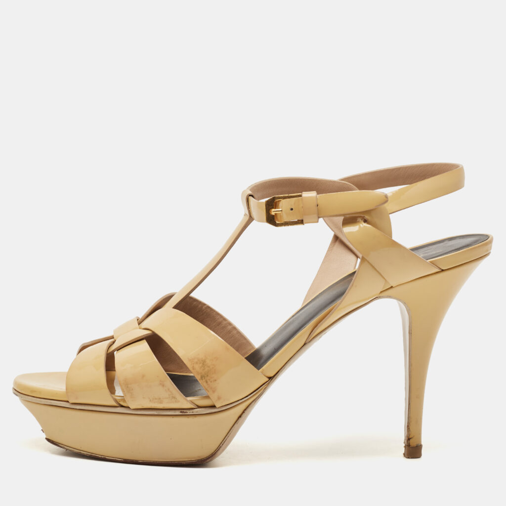 luxury-women-saint-laurent-paris-used-shoes-p1138979-001 Saint Laurent Beige Patent Leather Tribute Platform Ankle Strap Sandals Size 41