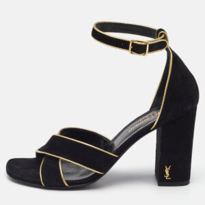Saint Laurent Black/Gold Suede and Leather Ankle Strap Sandals Size 37.5