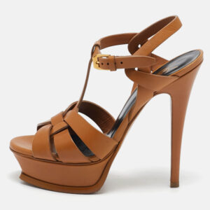 Saint Laurent Tan Leather Tribute Ankle Strap Sandals Size 35