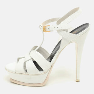 Saint Laurent White Lizard Embossed Leather Tribute Platform Sandals Size 39