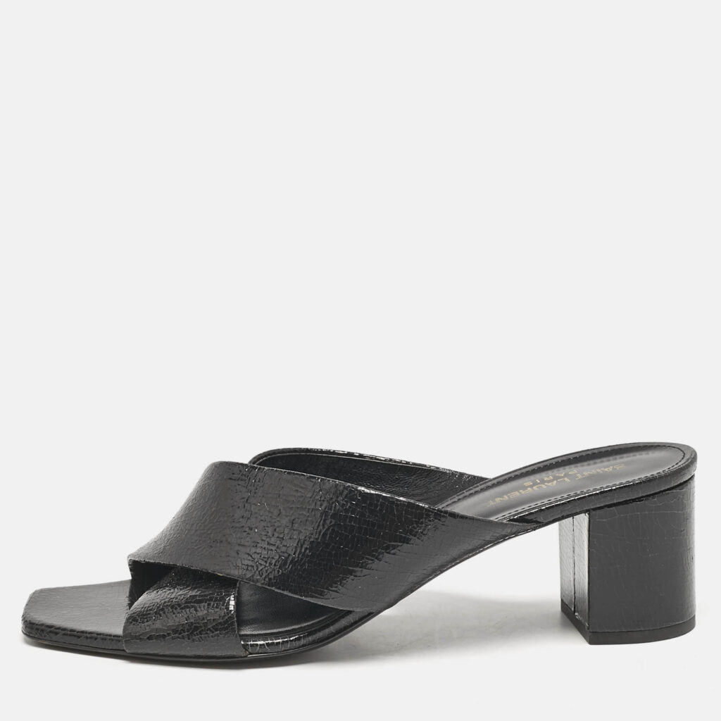 Saint Laurent Black Texture Leather Loulou Criss Cross Mules Size 41