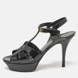 Saint Laurent Black Patent Leather Tribute Platform Sandals Size 38