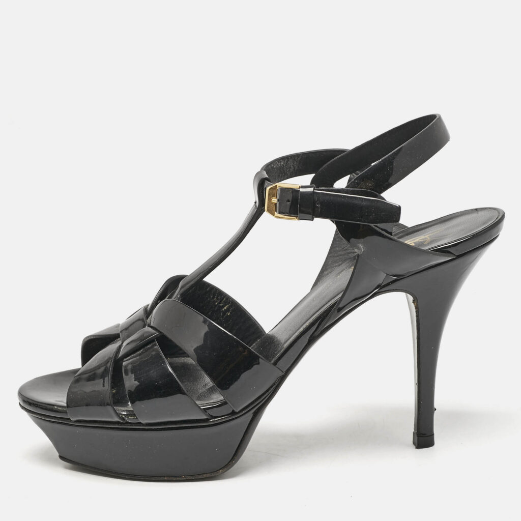 Saint Laurent Black Patent Leather Tribute Platform Sandals Size 38