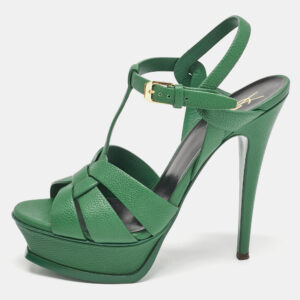Saint Laurent Green Leather Tribute Platform Sandals Size 37.5