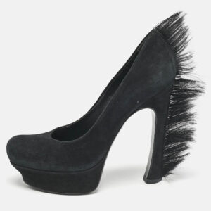 Saint Laurent  Black Fur and Suede Platform Pumps Size 39