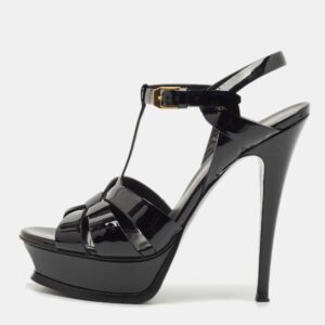 Saint Laurent Black Patent Leather Tribute Platform Sandals Size 38