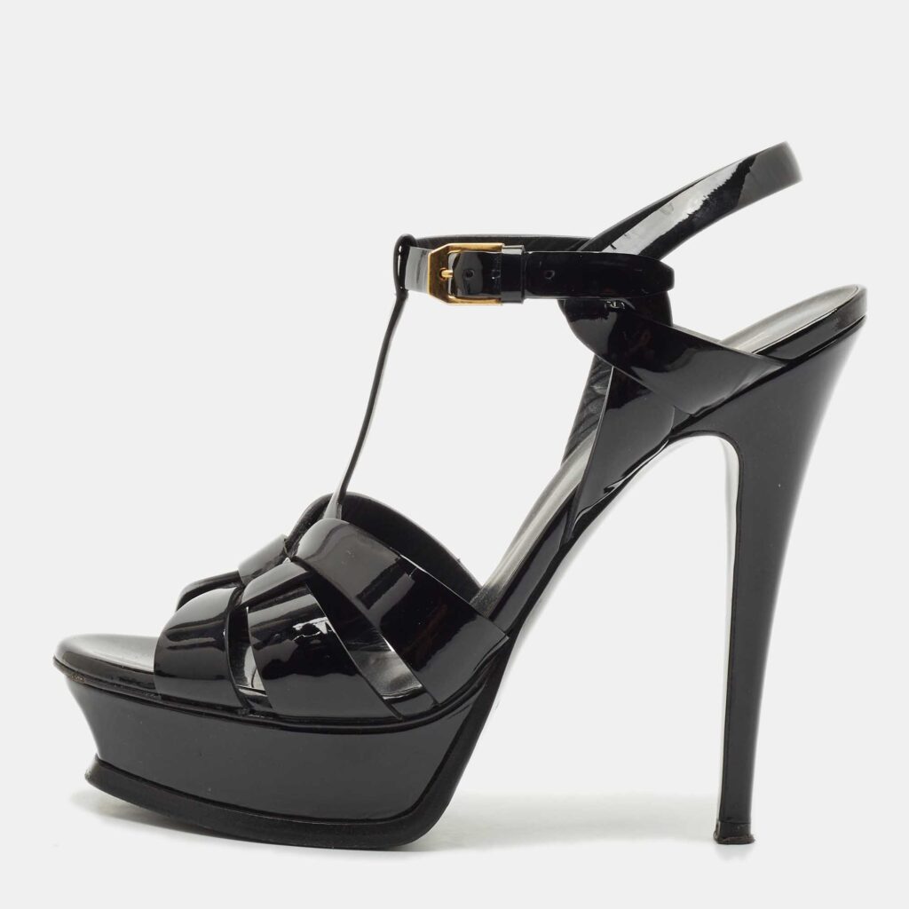 luxury-women-saint-laurent-paris-used-shoes-p1148918-003 Saint Laurent Black Patent Leather Tribute Platform Sandals Size 38