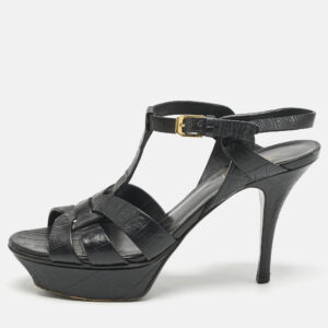 Saint Laurent Black Croc Embossed Leather Tribute Platform Sandals Size 37.5
