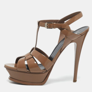Saint Laurent  Beige Patent Leather Platform Sandals Size 38.5
