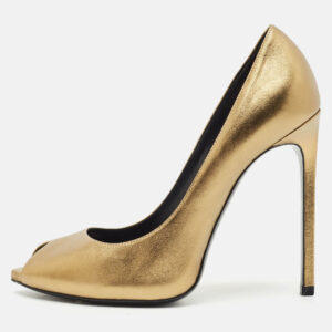 Saint Laurent Gold Leather Peep Toe Pumps Size 37.5