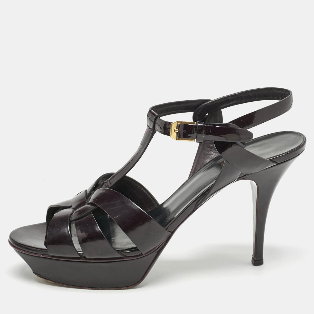 luxury-women-saint-laurent-paris-used-shoes-p1155430-003 Saint Laurent Dark Burgundy Patent Leather Tribute Platform Sandals Size 41