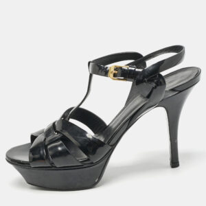 Saint Laurent Black Patent Leather Tribute Platform Sandals Size 36.5