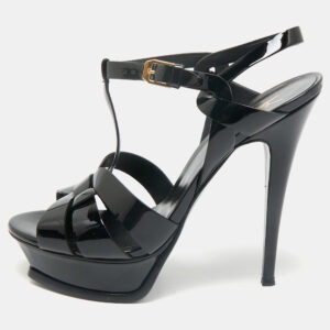 Saint Laurent Black Patent Leather Tribute Platform Sandals Size 38.5