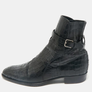 Saint Laurent Black Croc Embossed Leather Wyatt Ankle Length Boots Size 41.5