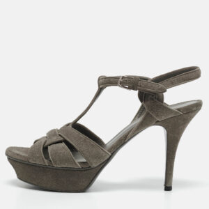 Saint Laurent Grey Suede Tribute Ankle Strap Sandals Size 40
