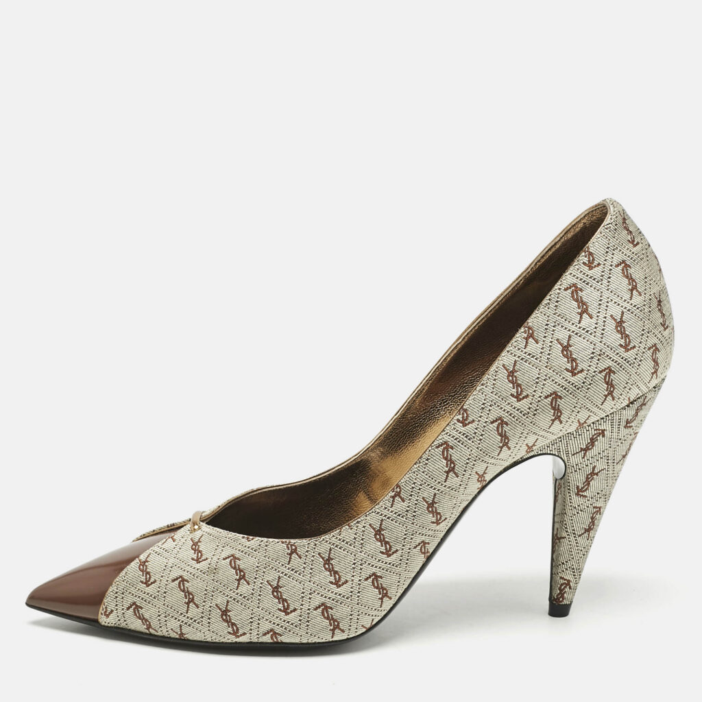luxury-women-saint-laurent-paris-used-shoes-p1161014-010.jpg Saint Laurent Brown Monogram Canvas and Leather Lola Cap Toe Pumps Size 39