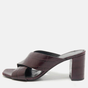 Saint Laurent Burgundy Croc Embossed Leather Loulou Slide Sandals Size 39