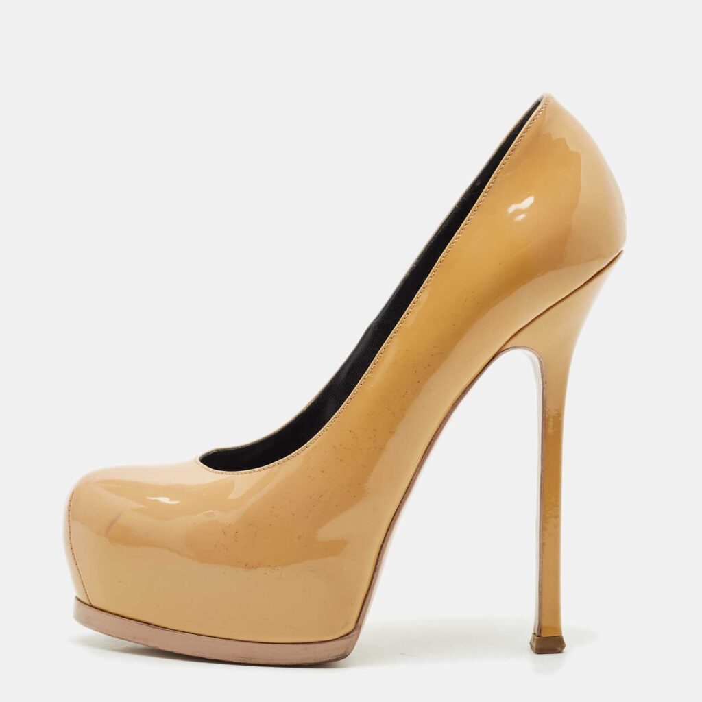 luxury-women-saint-laurent-paris-used-shoes-p1162465-003 Saint Laurent Beige Patent Leather Tribtoo Platform Pumps Size 38.5
