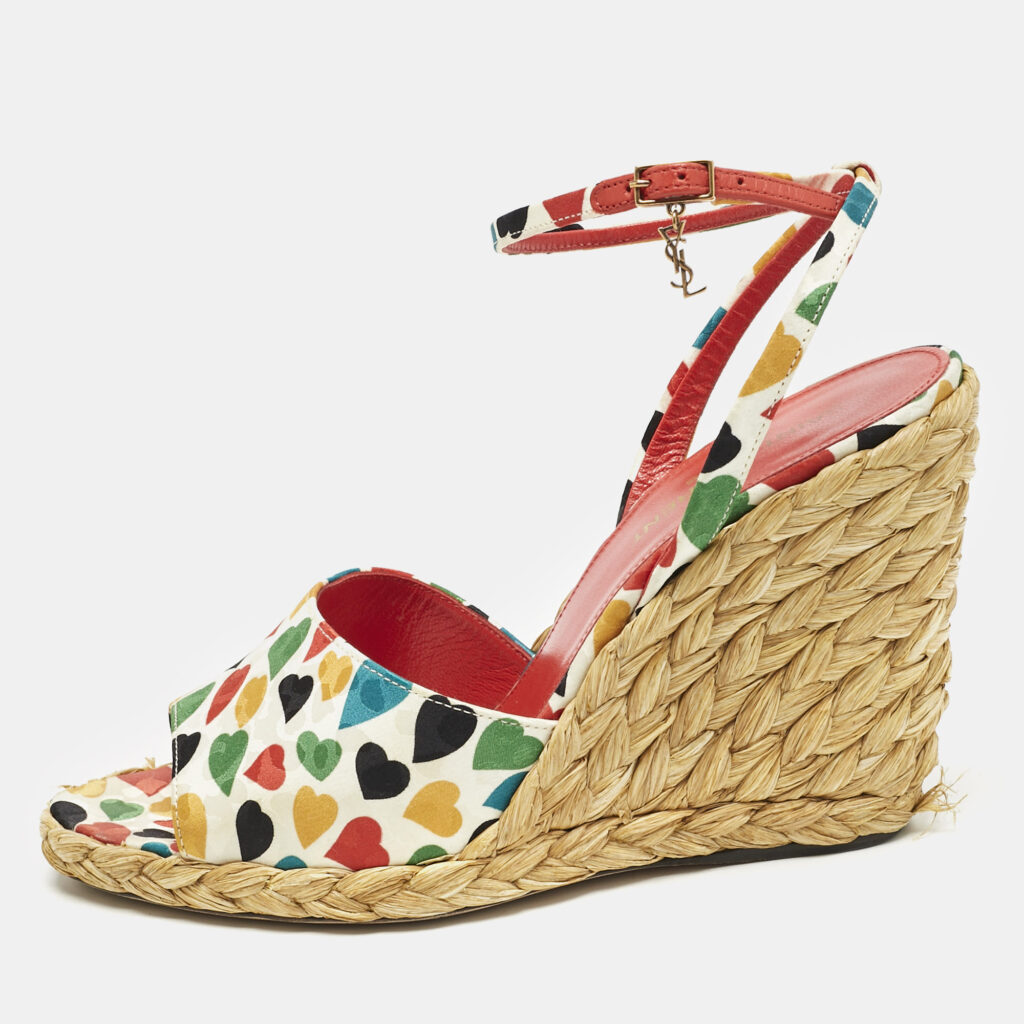 Saint Laurent Multicolor Fabric Raffia Wedge Sandals Size 37