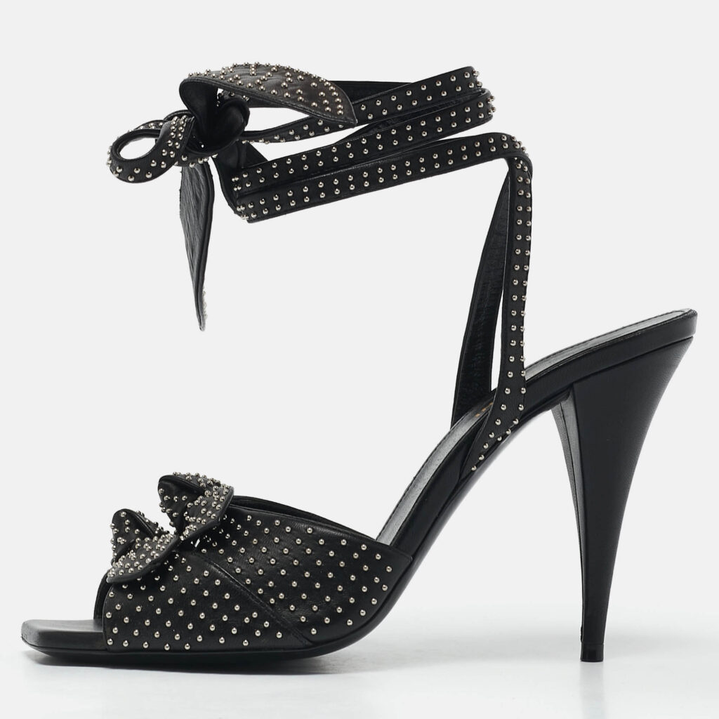 luxury-women-saint-laurent-paris-used-shoes-p1162940-010.jpg Saint Laurent Black Leather Pearls Embellished Ankle Wrap Sandals Size 40