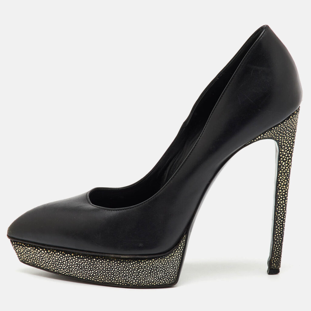 Saint Laurent Black Leather Janis Pointed Toe Platform Pumps Size 40