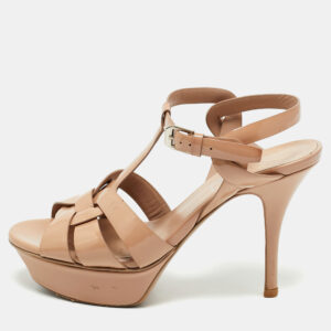 Saint Laurent  Beige Patent Leather Ankle Strap Sandals Size 34.5