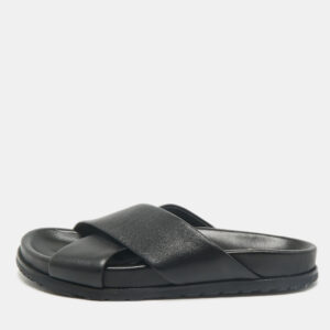 Saint Laurent Black Leather Crisscross Flat Slides Size 39