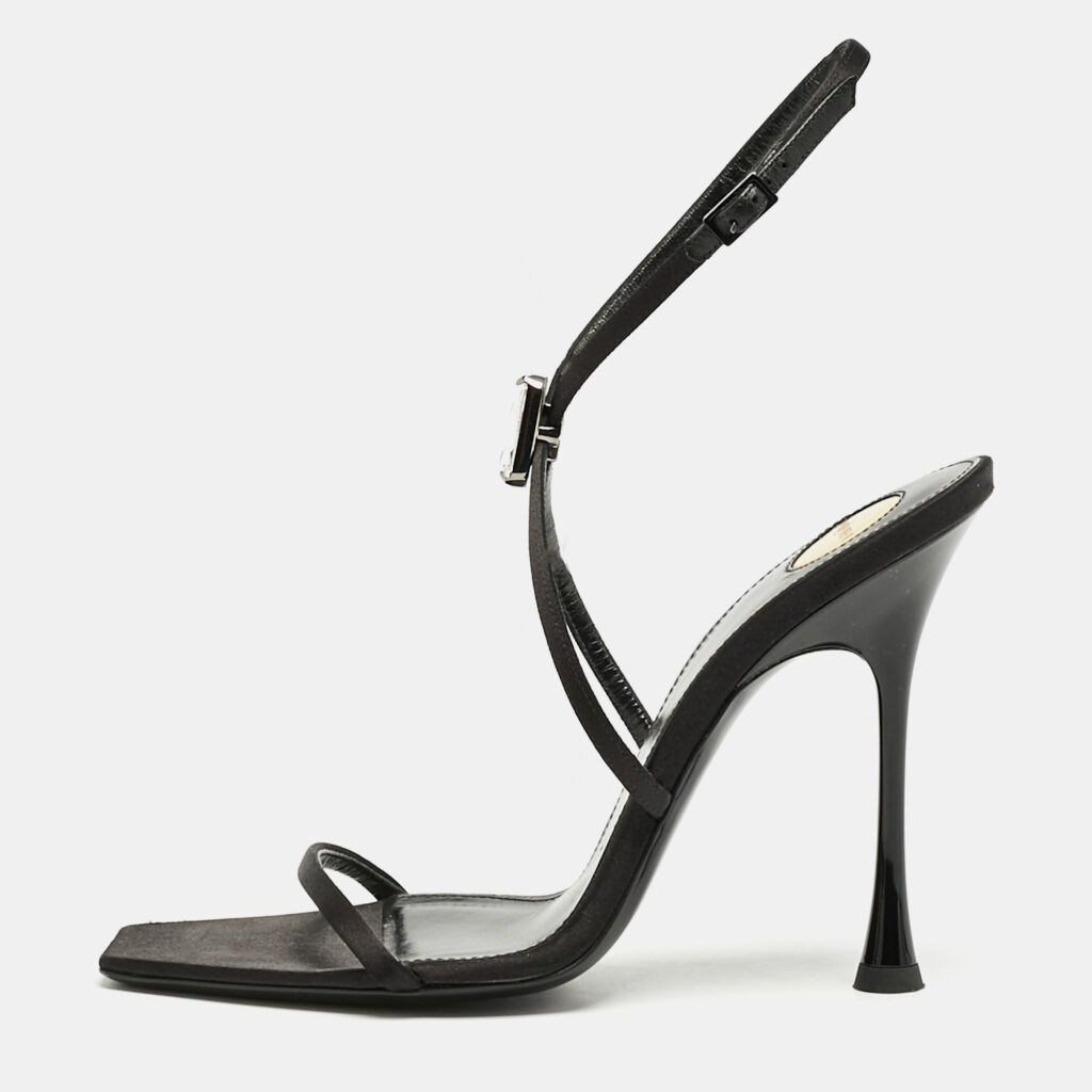 luxury-women-saint-laurent-paris-used-shoes-p1167792-009 Saint Laurent Black Satin Harlow Crystals Ankle Strap Sandals Size 39