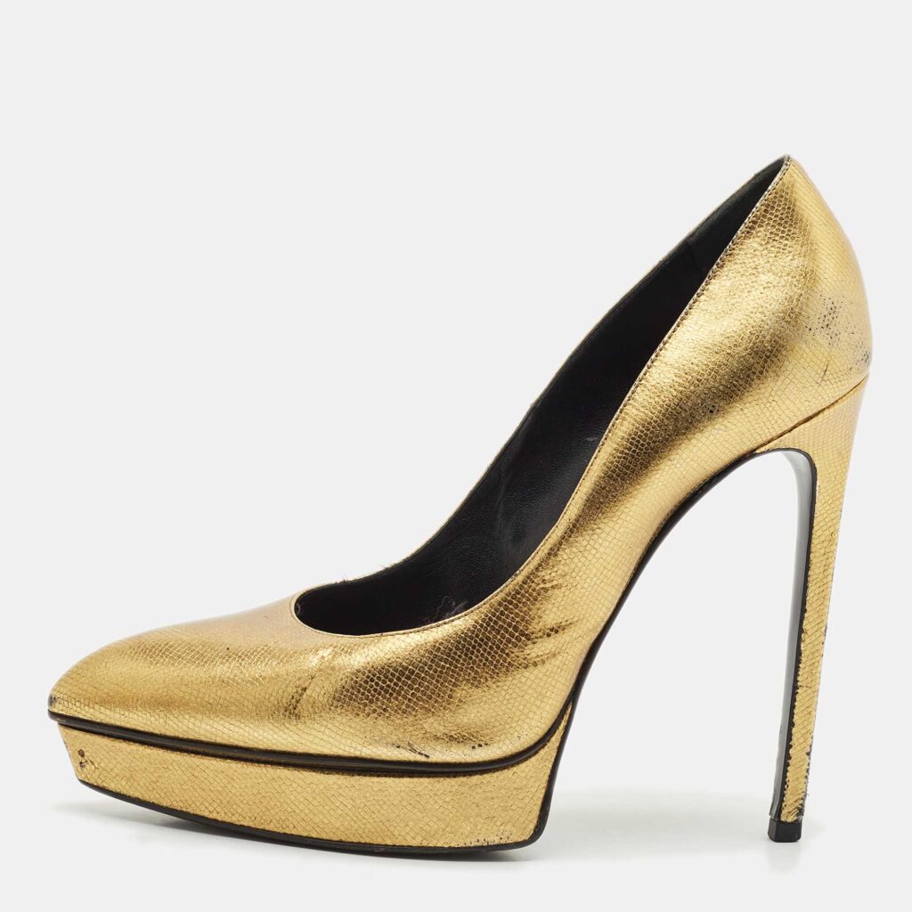 luxury-women-saint-laurent-paris-used-shoes-p1169026-003 Saint Laurent Gold Leather Pointed Toe Janis Platform Pumps Size 40