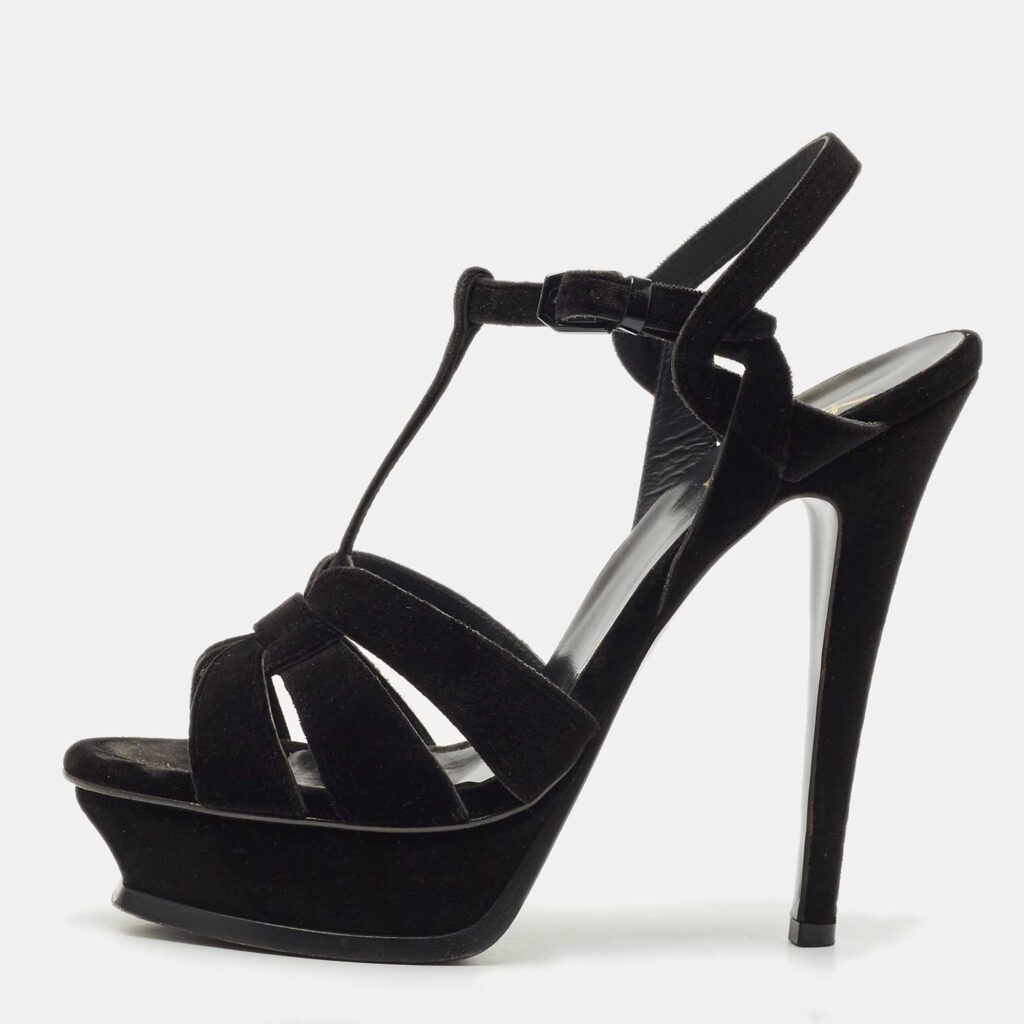 luxury-women-saint-laurent-paris-used-shoes-p1170392-003 Saint Laurent Black Velvet Tribute Platform Sandals Size 40