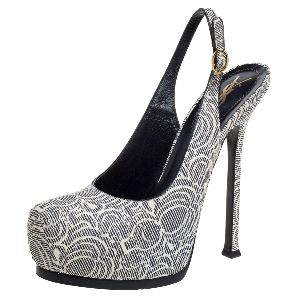 luxury-women-saint-laurent-paris-used-shoes-p354320-003 Saint Laurent Paris Cream/Black Printed Python Embossed Leather Tribtoo Slingback Platform Sandals Size 38.5