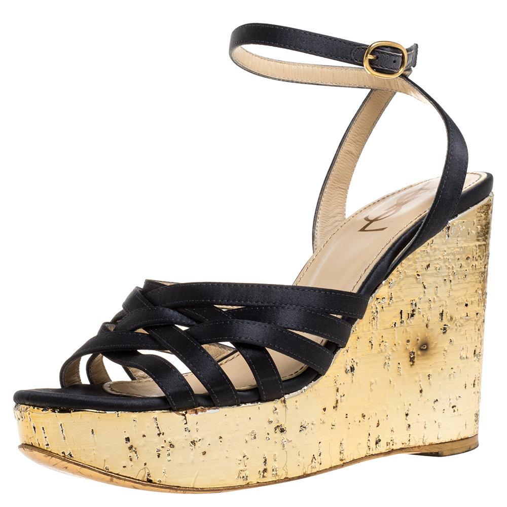 luxury-women-saint-laurent-paris-used-shoes-p357075-008 Yves Saint Laurent Paris Dark Grey/Gold Satin Strappy Ankle Strap Wedge Sandals Size 36